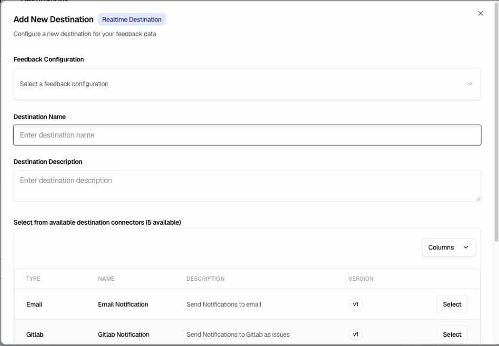 Add New Destination modal with feedback configuration and connector selection