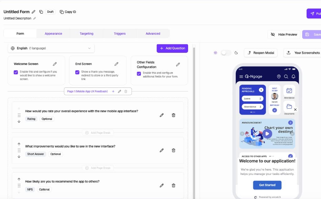 Form Builder—edit questions and configure settings with live preview