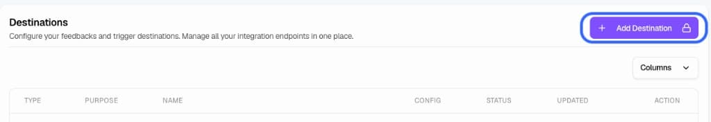 Destinations page with Add Destination button