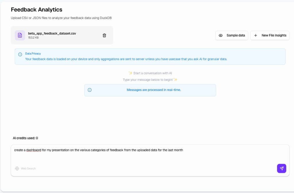 Feedback Analytics — AI conversation interface and data privacy notice