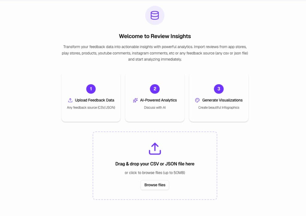 Welcome to Review Insights — upload area and three-step workflow