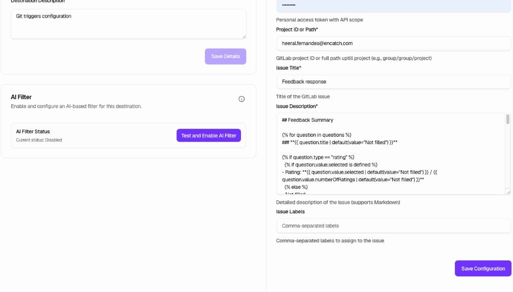GitLab configuration with issue title, description, and labels