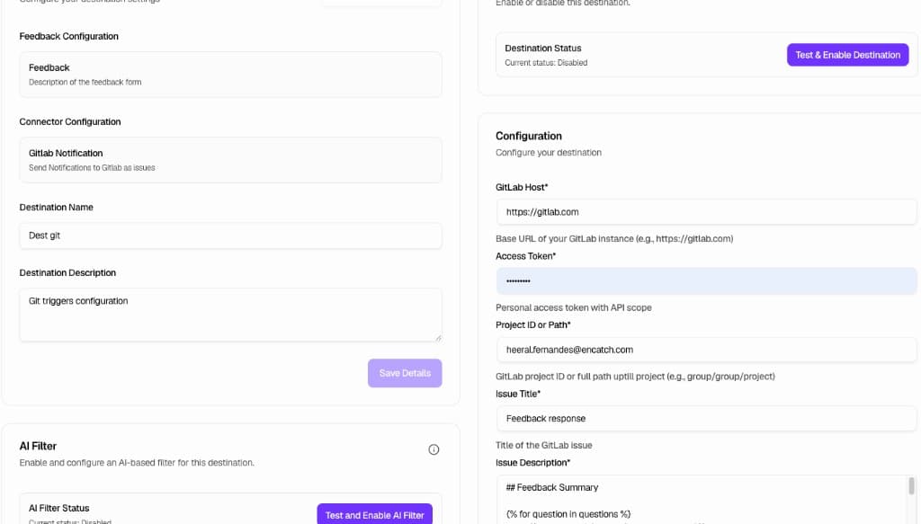 GitLab configuration with host, token, and project fields