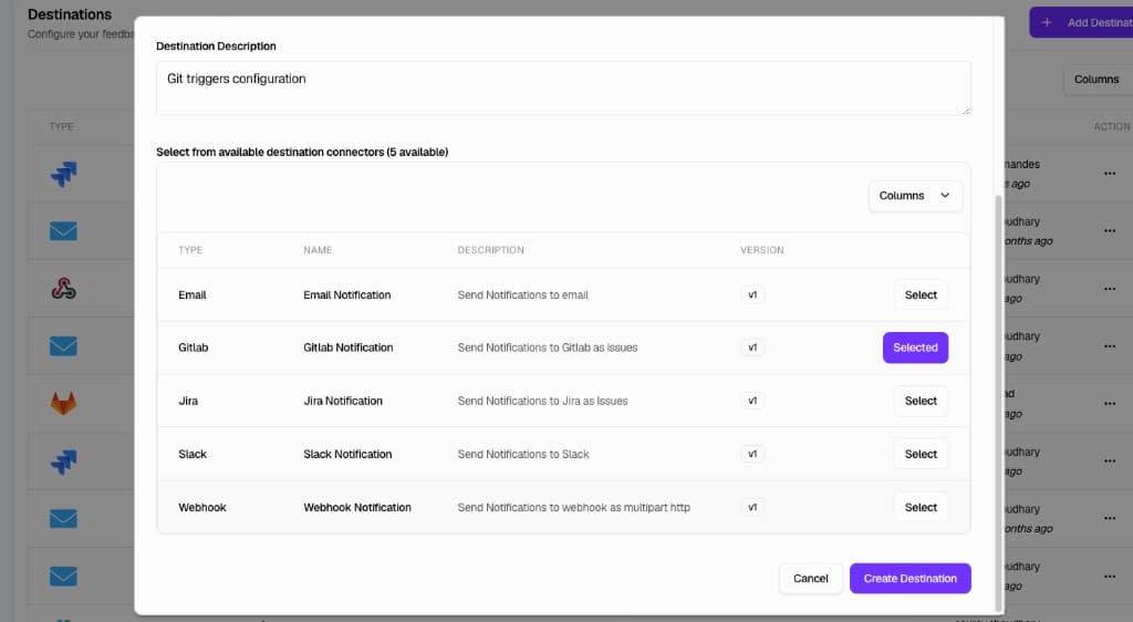 Add Destination modal with GitLab Notification selected