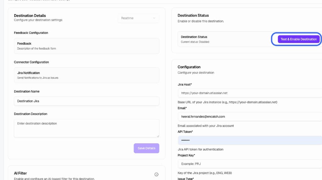 Jira configuration with host, email, API token, and project fields