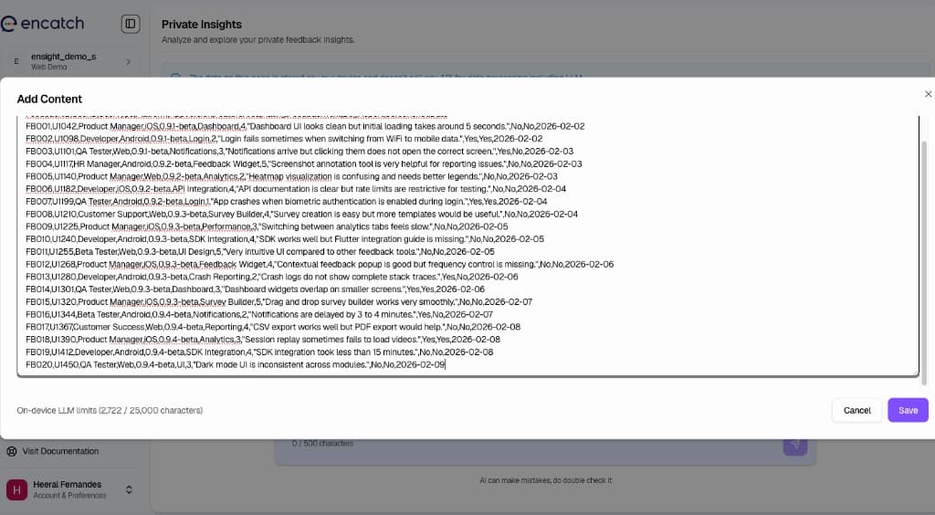 Add Content modal for editing feedback data