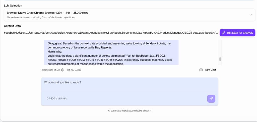 Private Insights chat interface with AI analysis