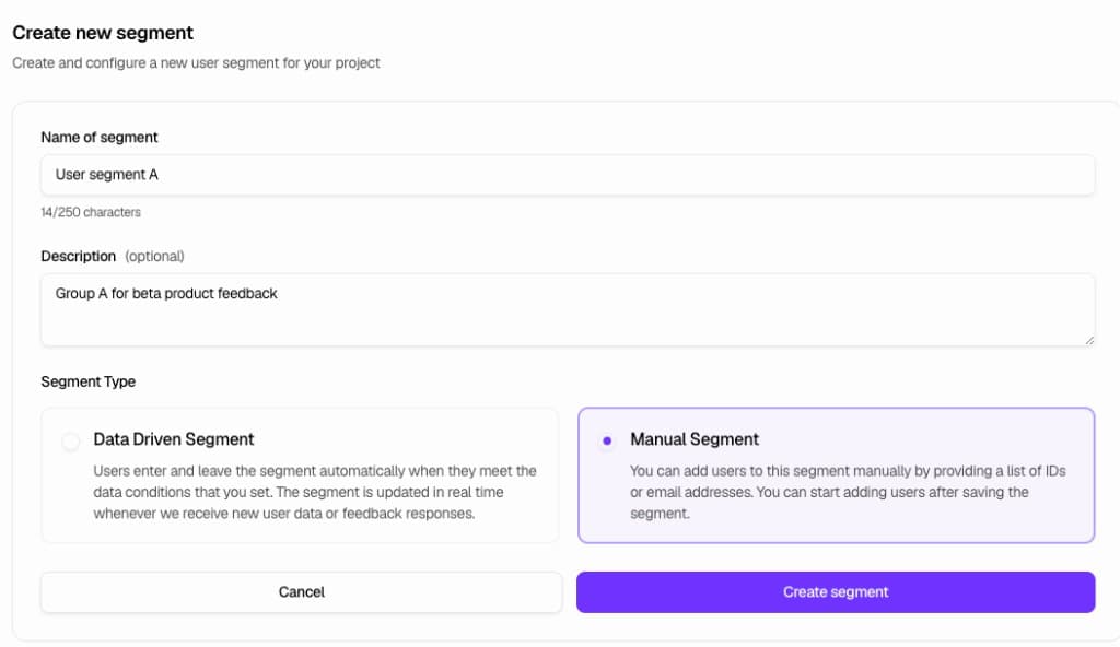 Segments list - All Users, dynamic, and manual segments