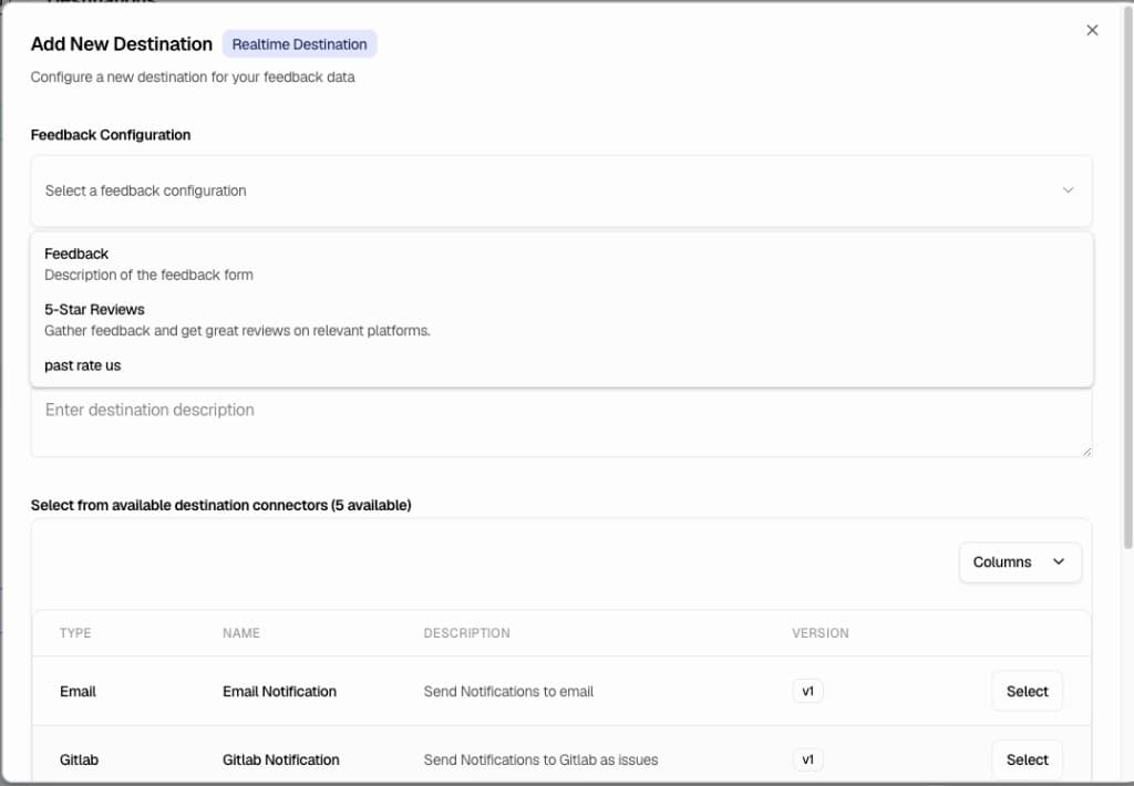 Connector table with Email Notification highlighted