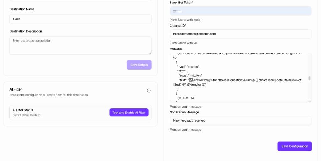 Slack configuration with token, channel ID, and message template