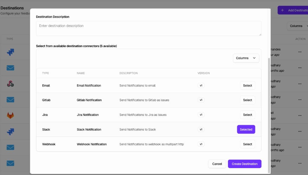 Add Destination modal with Slack Notification selected