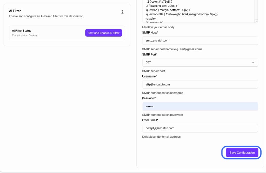 SMTP Configuration and AI Filter panels