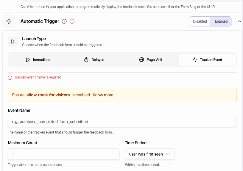 Tracked Event - Event name, minimum count, and time period