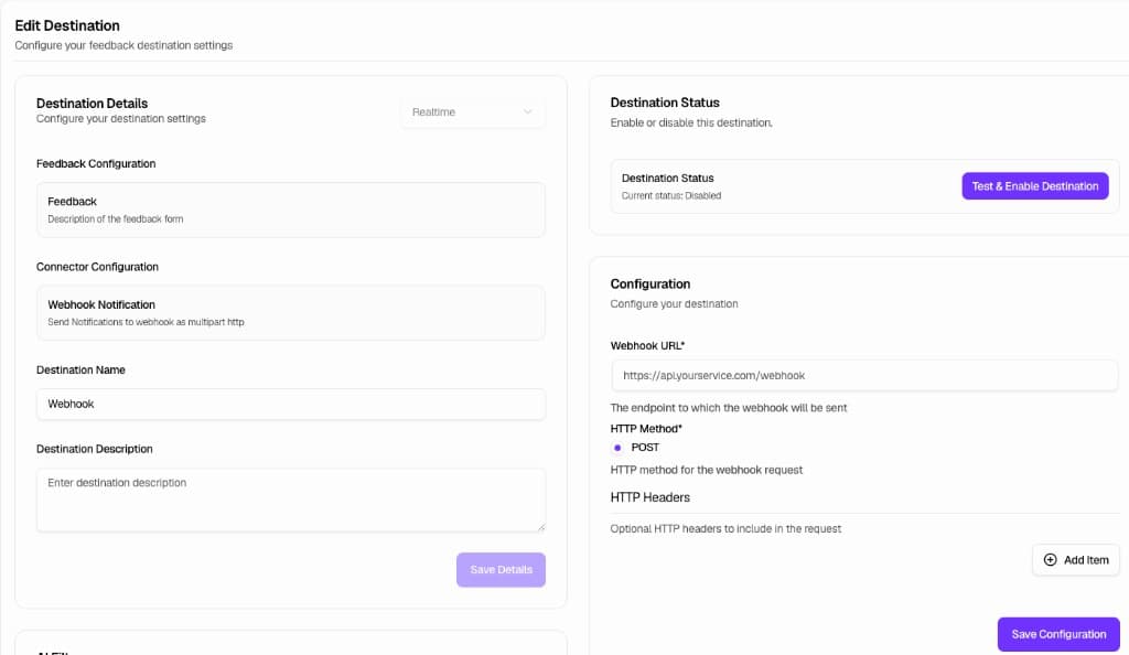 Full Edit Destination page with webhook configuration
