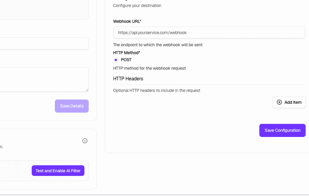 Webhook configuration with URL, HTTP method, and headers
