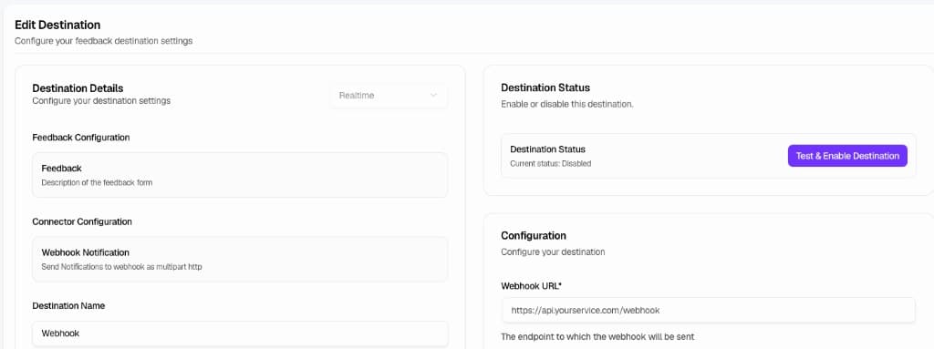 Edit Destination page for Webhook configuration
