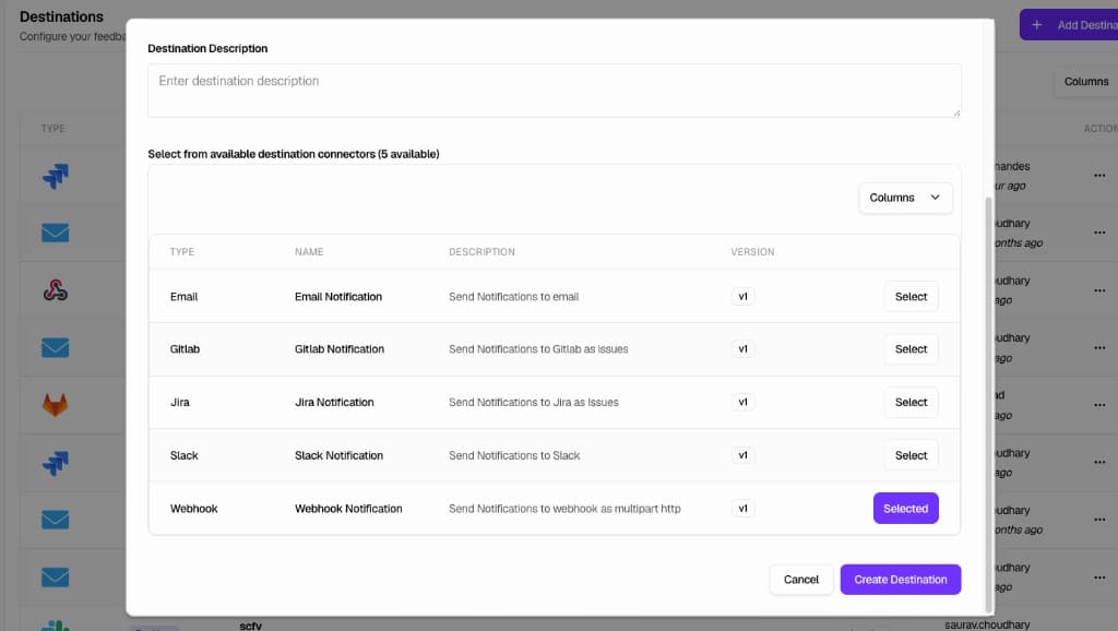 Add Destination modal with Webhook Notification selected