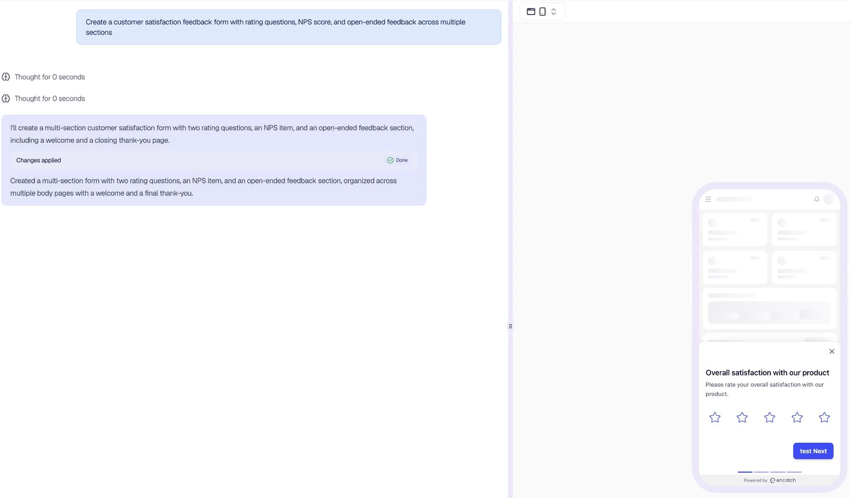 Encatch AI workspace with generated form and live preview
