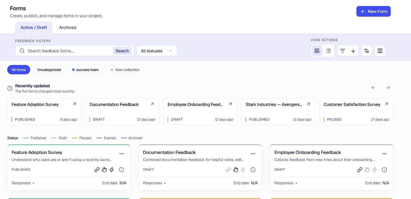 Forms workspace with collection filters, recently updated forms, and the grid view