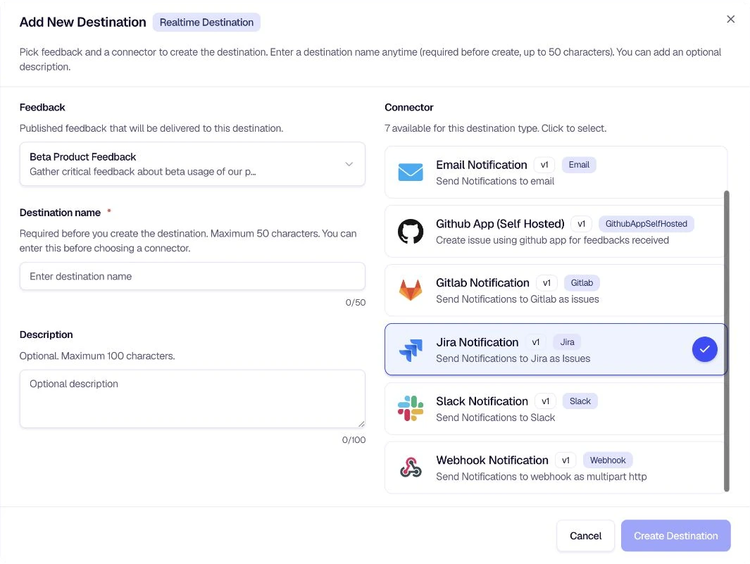 Add Destination modal with Jira Notification selected