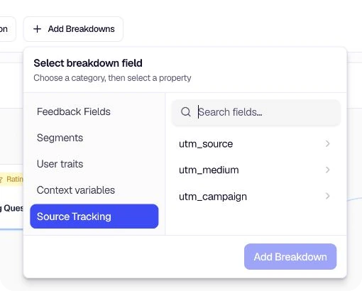 Breakdown selector with feedback fields, segments, user traits, context, and source tracking