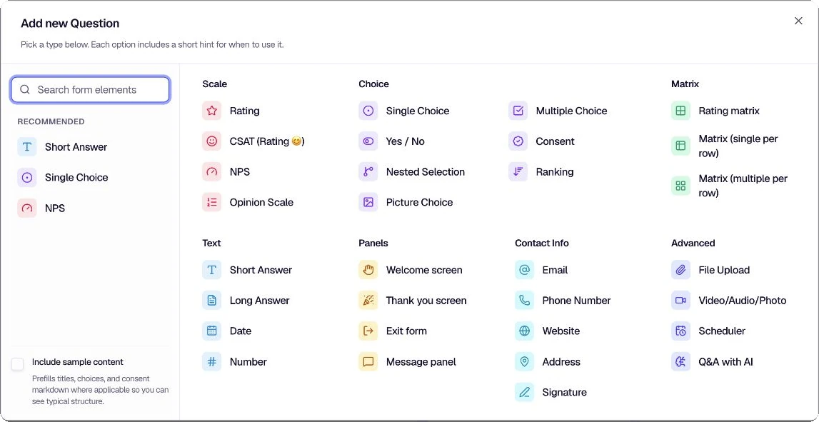 Add new Question picker with grouped form elements