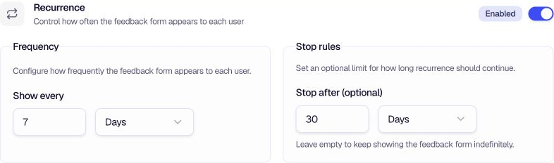 Recurrence Settings - Show every and Stop after