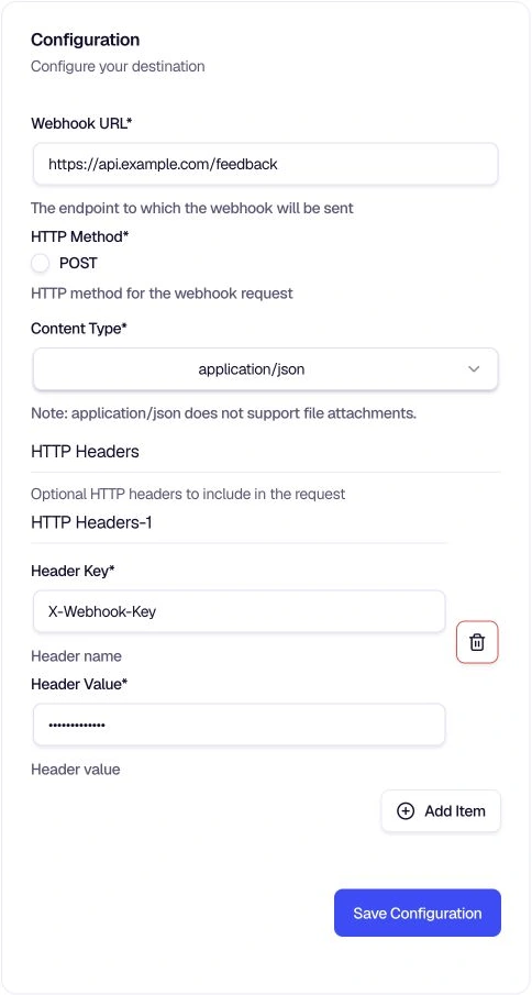 Webhook configuration with URL, HTTP method, and headers