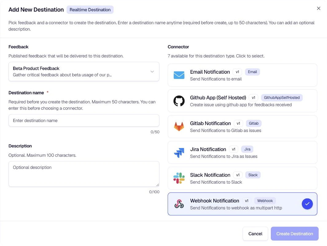 Add Destination modal with Webhook Notification selected