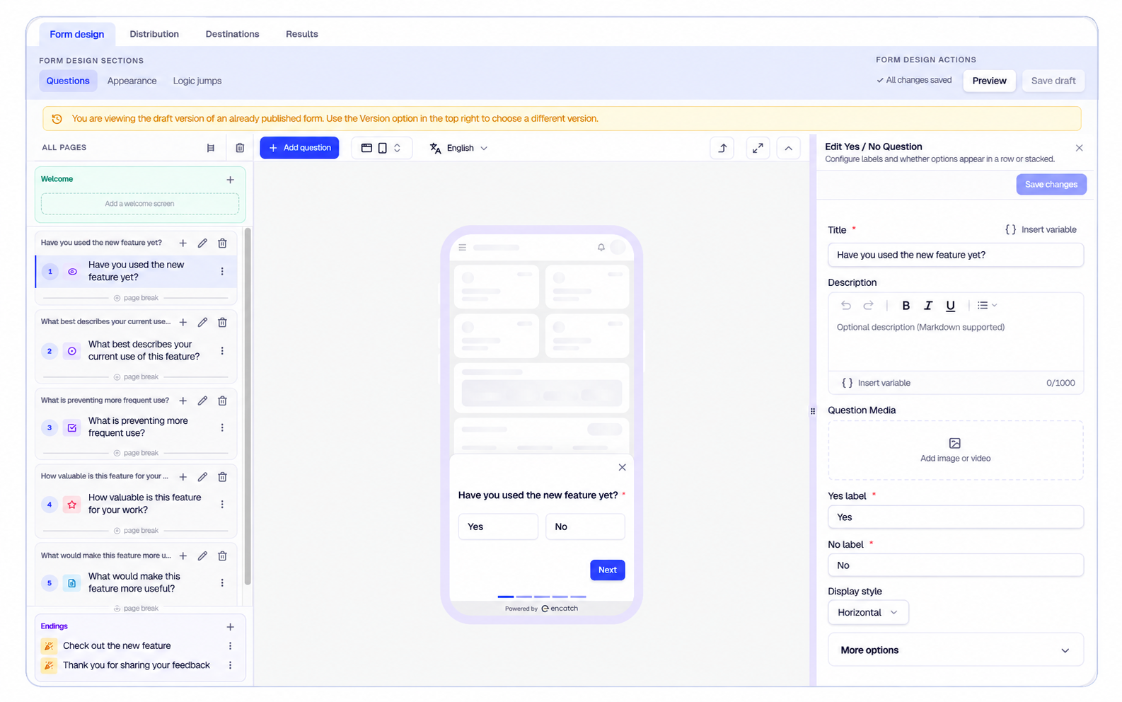 Encatch visual form builder with a question list, mobile in-app preview, and question editor